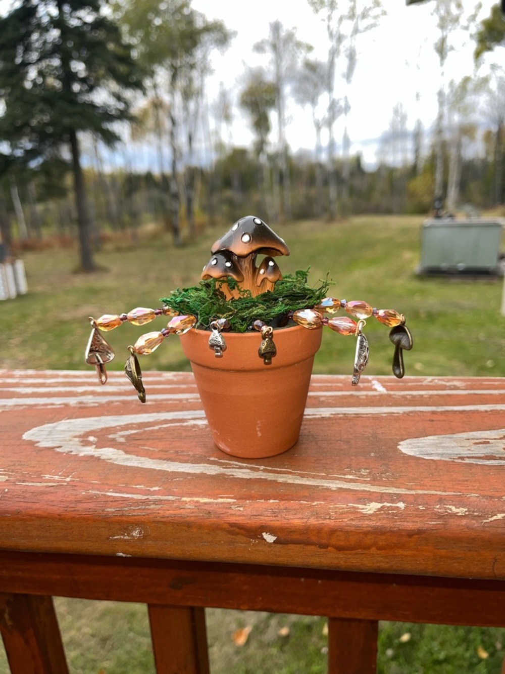 Handmade Terracotta Mushroom Pot with Beaded Charm Garland